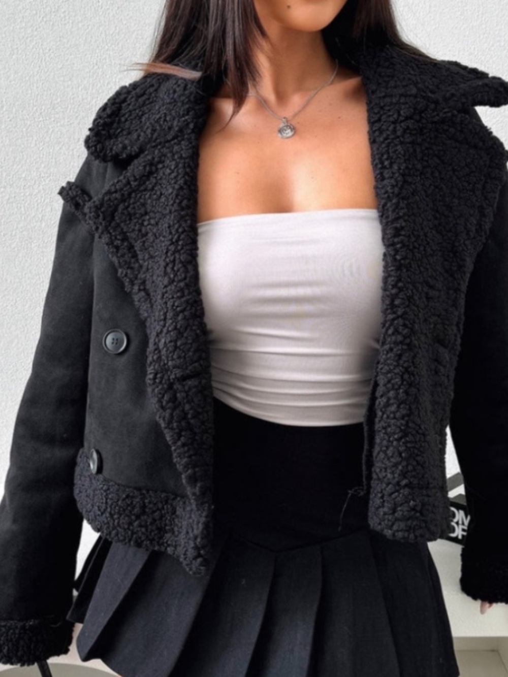 That’s So Fetch Black Cropped Faux Sherpa Pea Coat